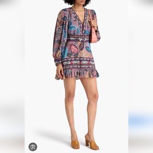 Farm Rio Wild Night Floral Print Long Sleeve Mini Dress Belted Boho